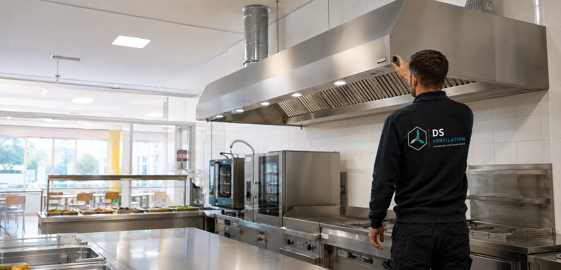 Installateur contrôlant une hotte d’extraction dans une cuisine collective professionnelle