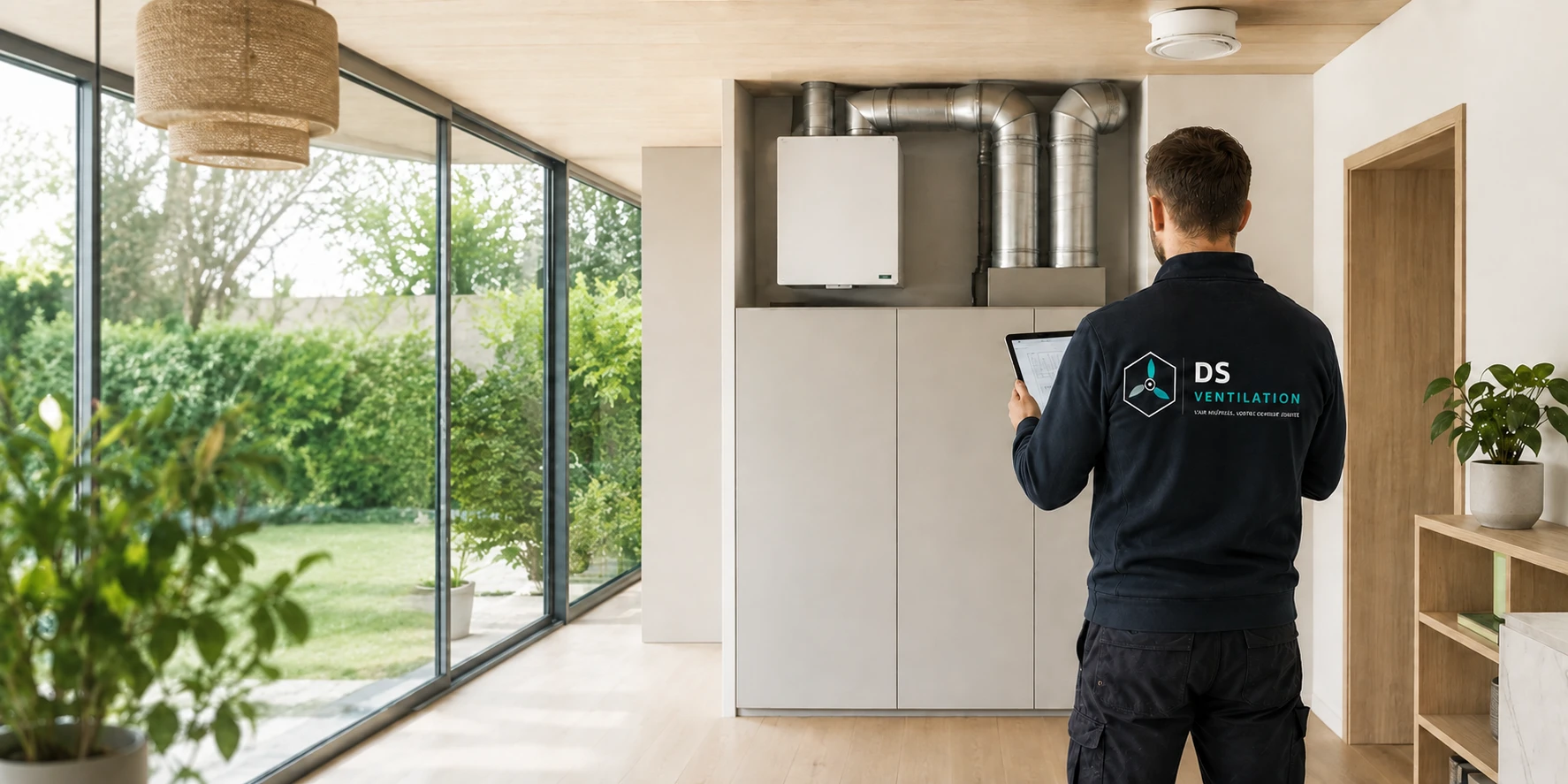 Technicien DS Ventilation examinant une installation de ventilation