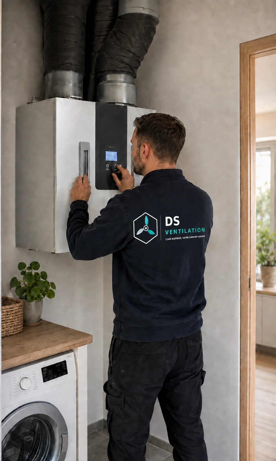 Technicien intervenant sur une ventilation double flux dans une habitation