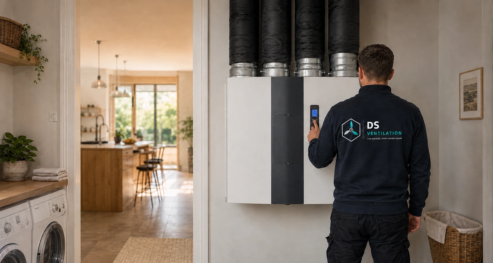 Installateur réglant un système de ventilation double flux dans une habitation
