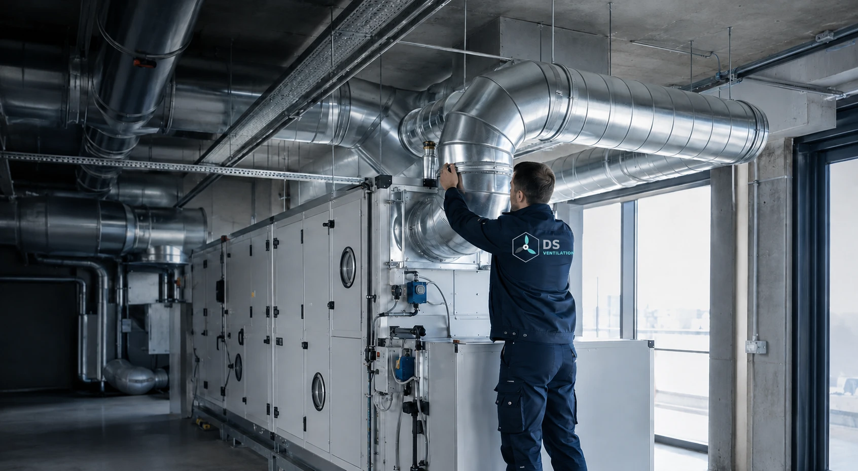 Illustration d’un installateur intervenant sur un système de ventilation professionnel